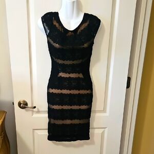 Lace Black Coctail Formal Dress By MYSTIC Over Flesh Color Slinky Sexy Size 4-6